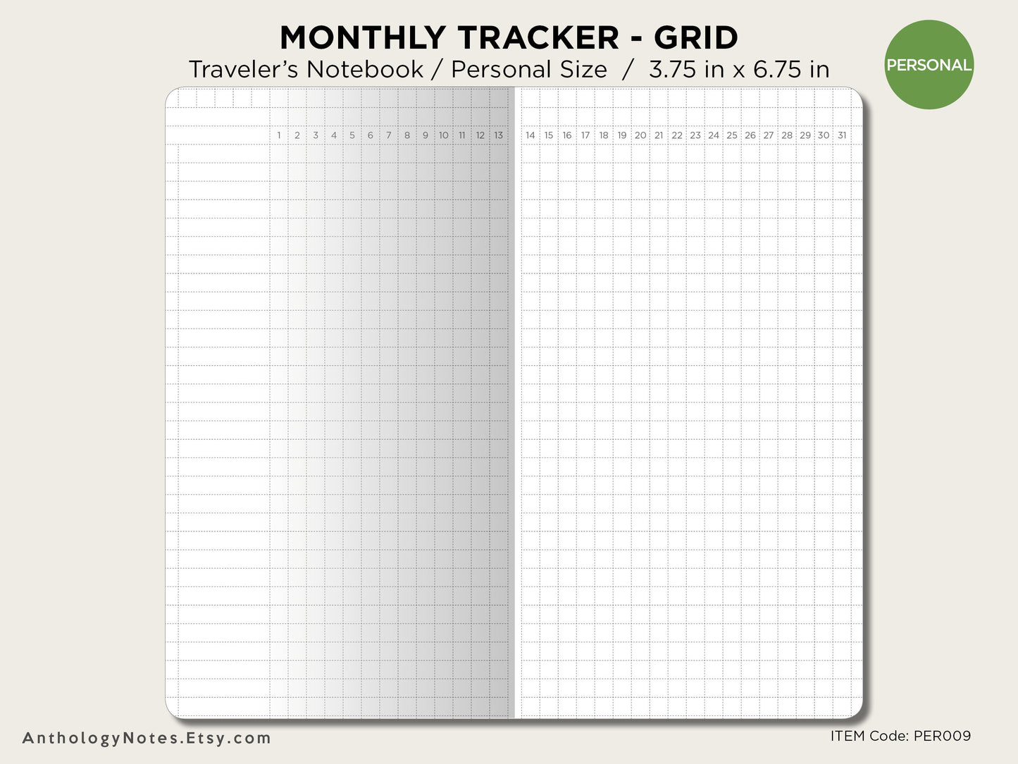 PERSONAL Monthly Tracker GRID Traveler's Notebook Printable Insert