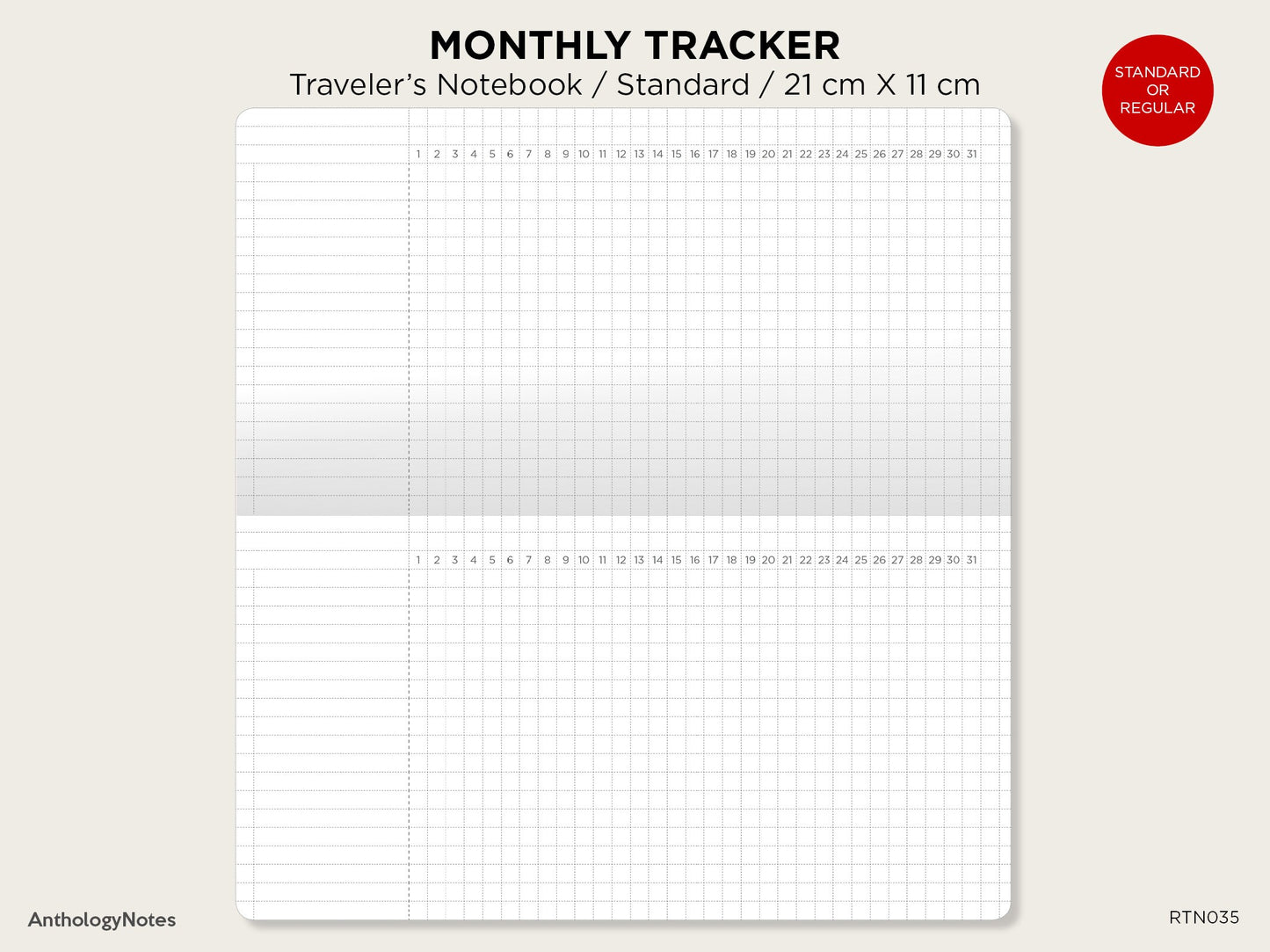 MONTHLY Tracker GRID Standard Size Traveler's Notebook Printable Insert Minimalist Grid Landscape