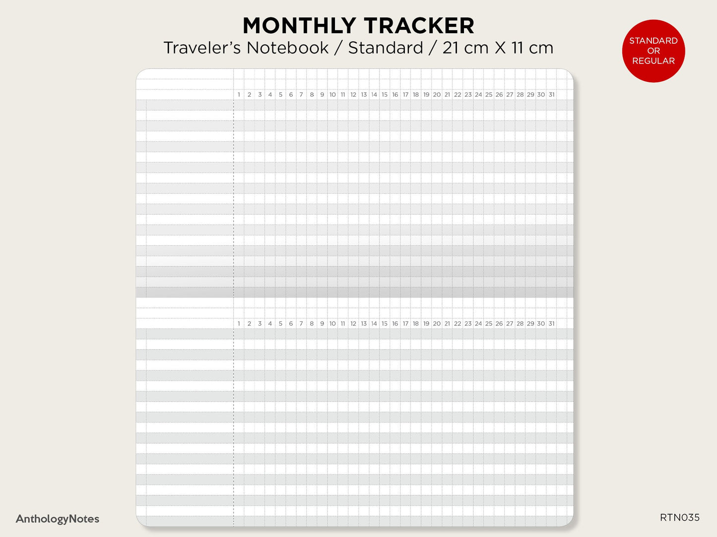 MONTHLY Tracker GRID Standard Size Traveler's Notebook Printable Insert Minimalist Grid Landscape