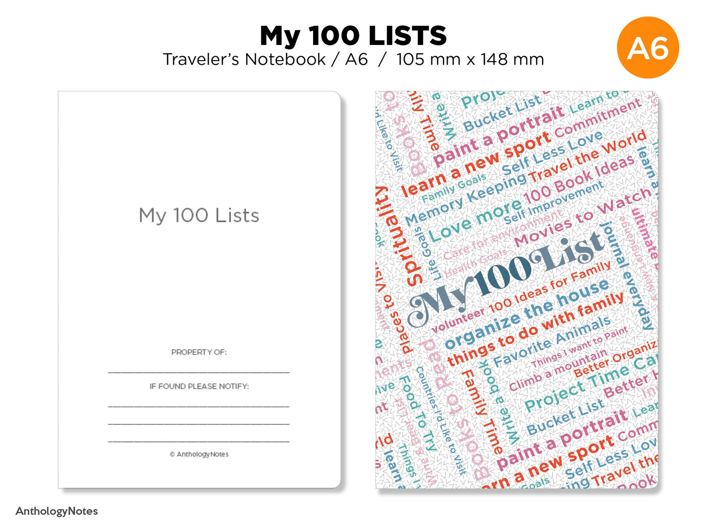 A6 My 100 Lists Printable Planner Traveler's Notebook Insert