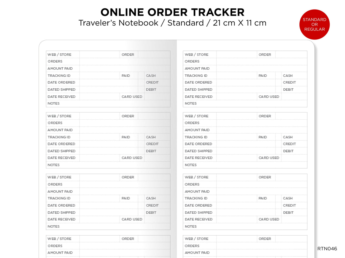 Regular Size TN - Online Order Shopping Tracker Printable Refill TN - RTN046