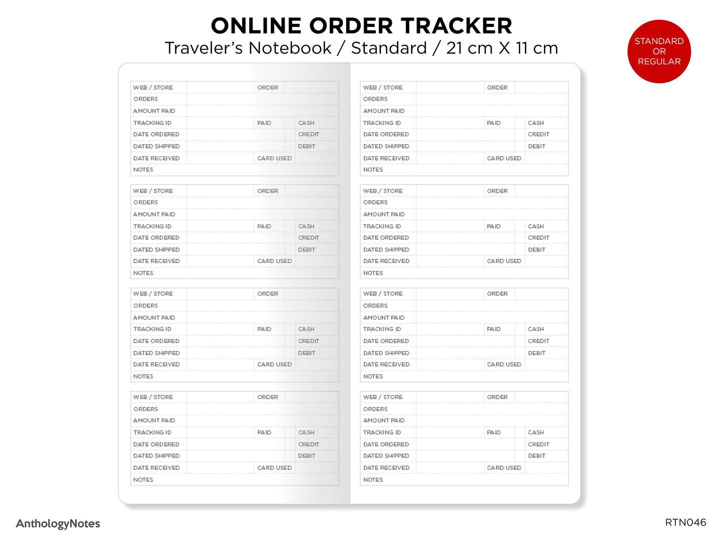 Regular Size TN - Online Order Shopping Tracker Printable Refill TN - RTN046