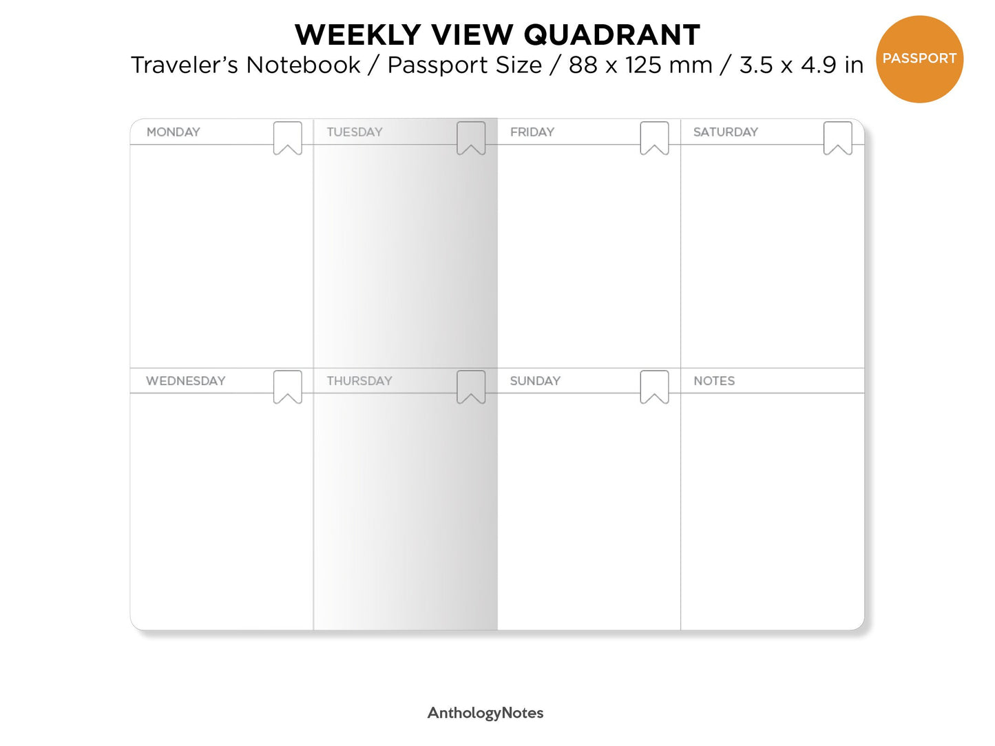 Passport Weekly View Quadrant Traveler's Notebook Printable Insert - Wo2P - Minimalist Functional - Monday or Sunday Start