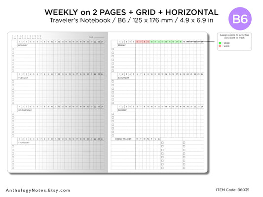 B6 Week View GRID - Horizontal - Weekly Tracker - 24 Hour Tracker - Traveler's Notebook Printable Insert B6035