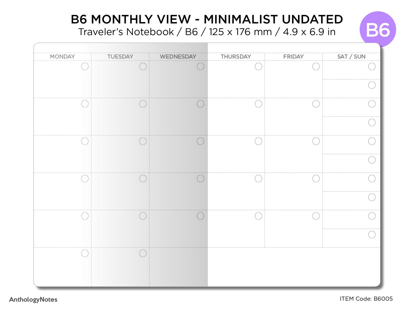 B6 Monthly View Traveler's Notebook Printable Planner PDF - Minimalist Mo2P Undated