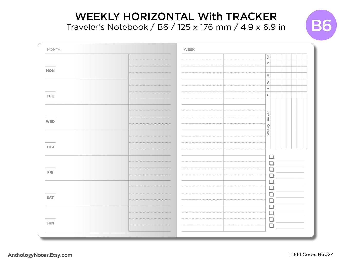 B6 Weekly Horizontal  Weekly Tracker Traveler's Notebook Printables Functional Undated Minimalist Clean