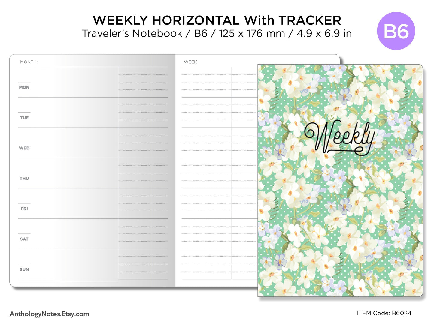 B6 Weekly Horizontal  Weekly Tracker Traveler's Notebook Printables Functional Undated Minimalist Clean