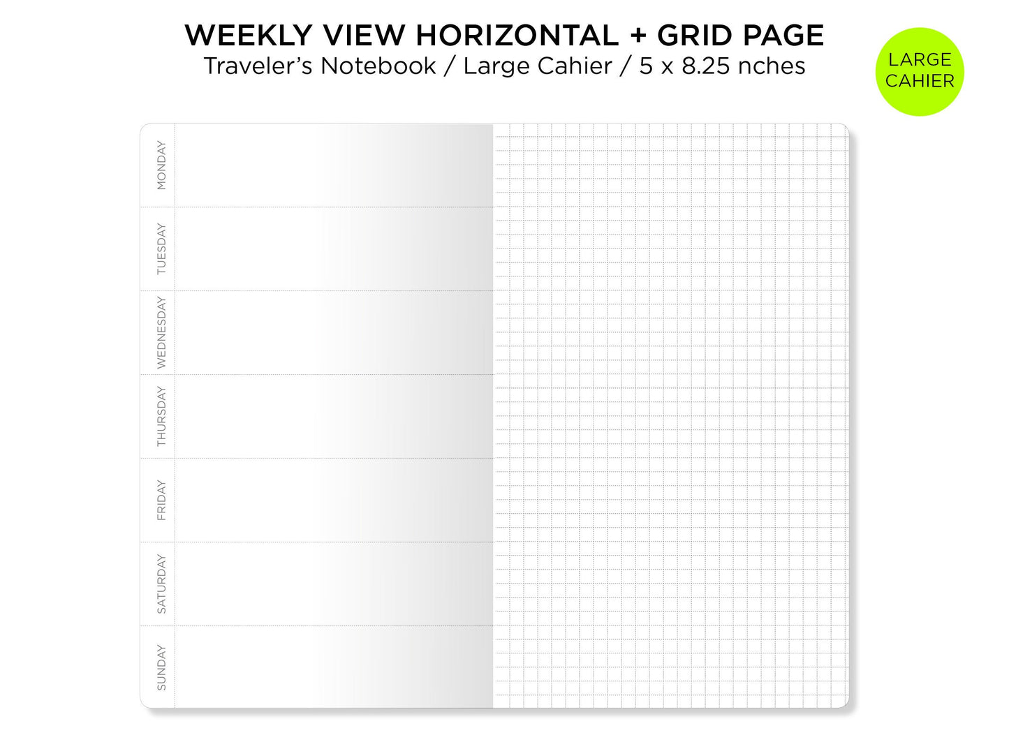 Cahier Weekly Insert - Traveler's Notebook Printable - LARGE - Wo2P Horizontal - Minimalist & Functional Insert TN