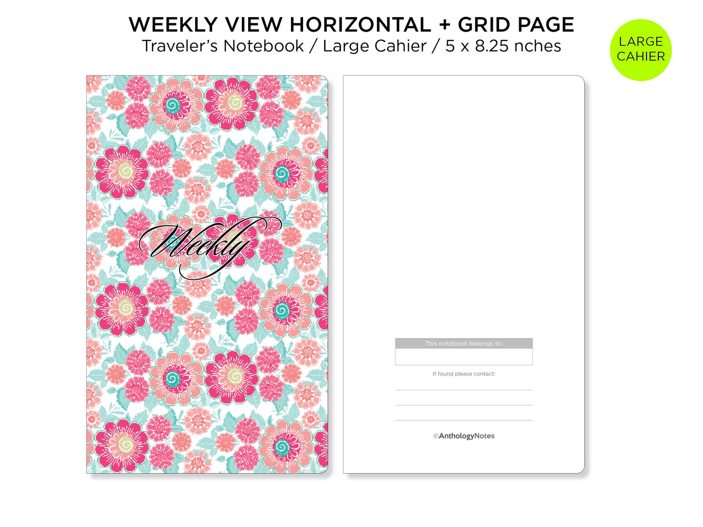 Cahier Weekly Insert - Traveler's Notebook Printable - LARGE - Wo2P Horizontal - Minimalist & Functional Insert TN