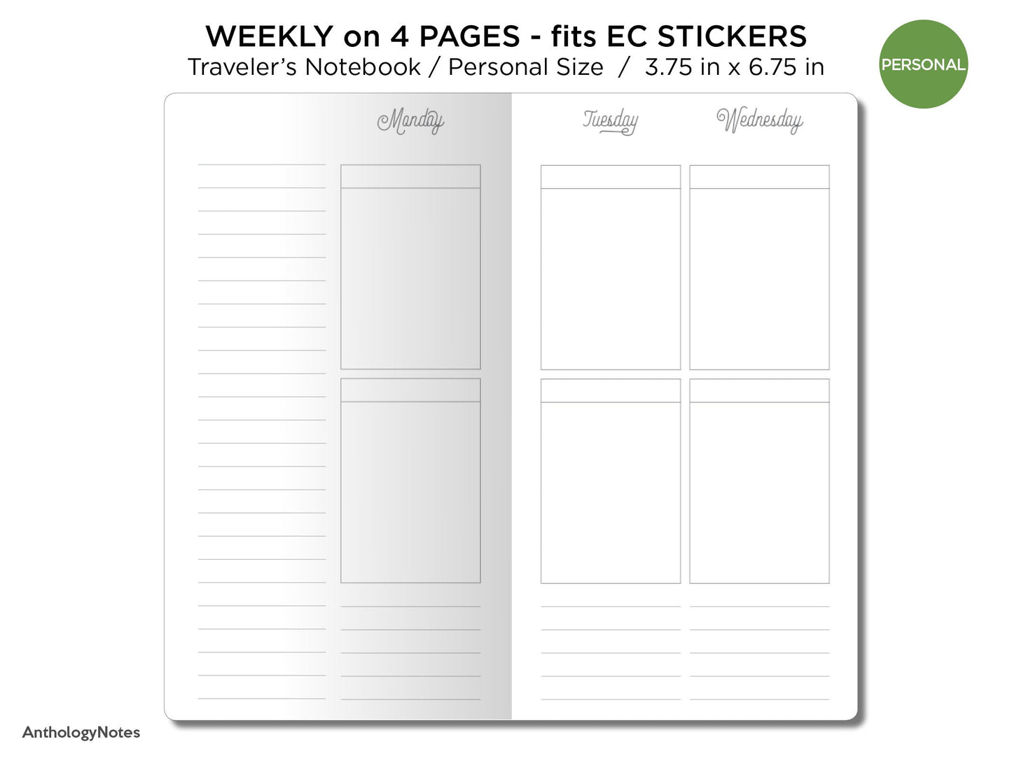 TN PERSONAL  Weekly on 4 Pages Traveler's Notebooks fits EC Sticker - Script Type Header