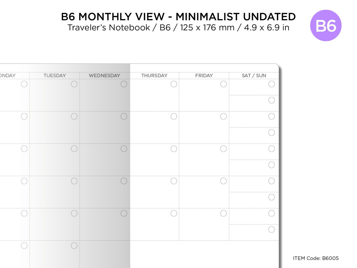 B6 Monthly View Traveler's Notebook Printable Planner PDF - Minimalist Mo2P Undated