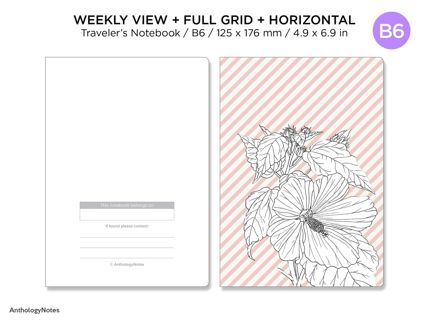 B6 Weekly View Horizontal Full GRID Traveler's Notebook Printable Planner UNDATED