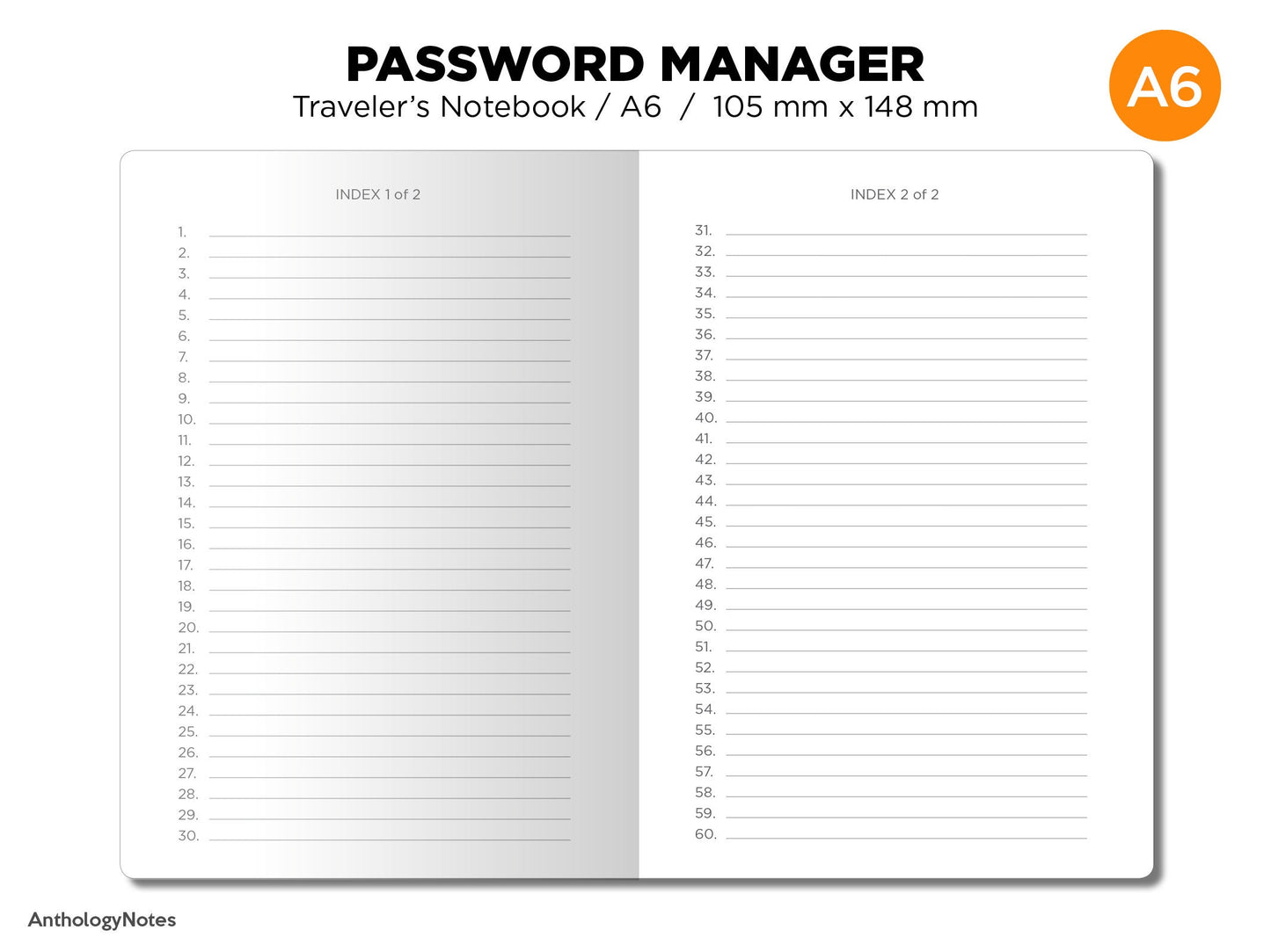 A6 PASSWORD Manager Traveler's Notebook Printable Insert GRID Functional Planning