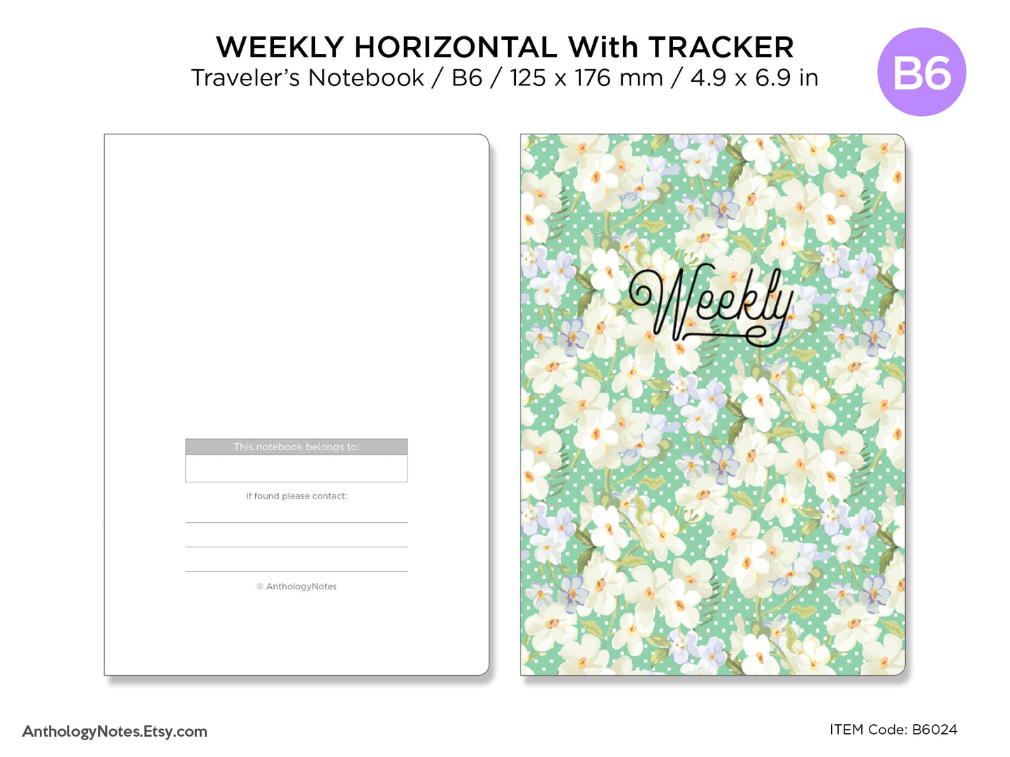 B6 Weekly Horizontal  Weekly Tracker Traveler's Notebook Printables Functional Undated Minimalist Clean