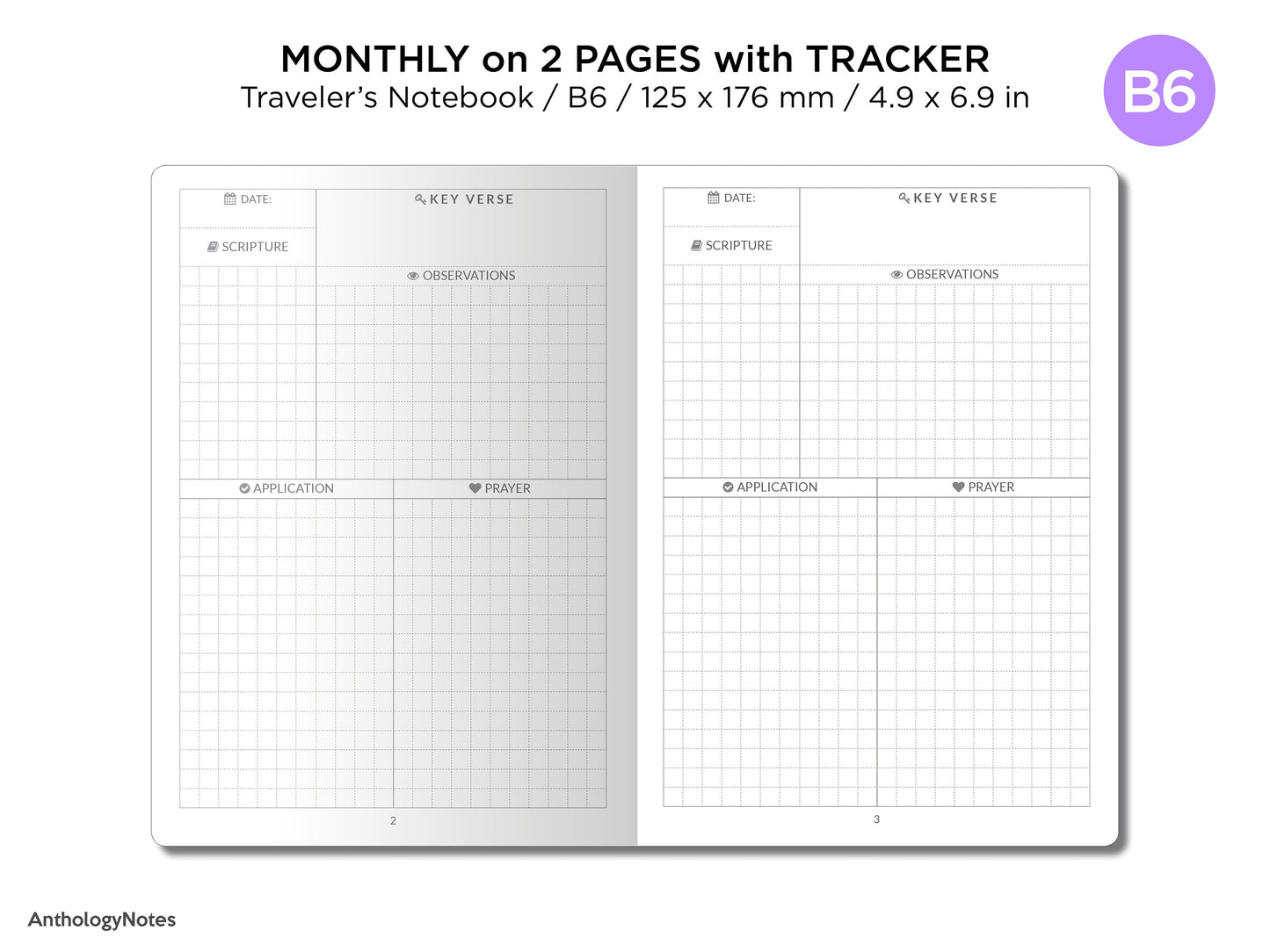 B6 Daily Study Bible Journal S.O.A.P Traveler's Notebook Insert GRID Minimalist Devotional Planner