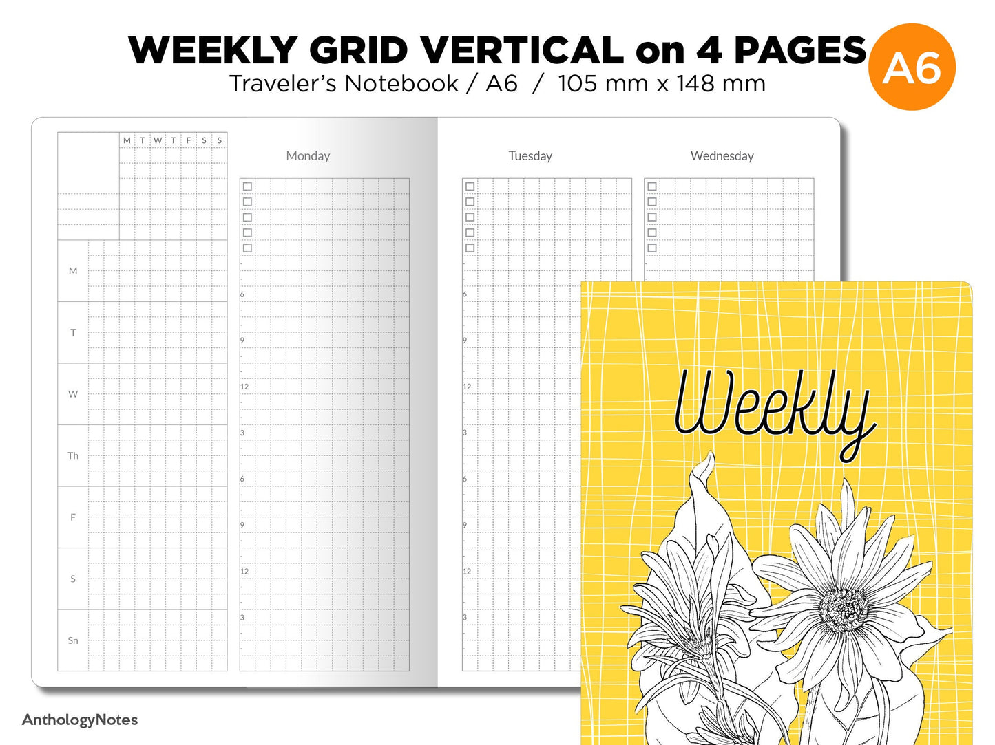 A6 Weekly VERTICAL GRID Traveler's Notebook Wo4P Minimalist Functional Insert TN Monday or Sunday Start