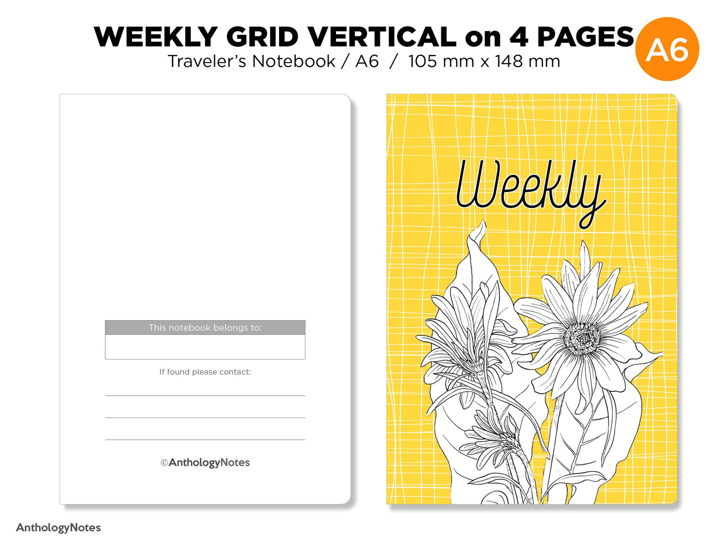 A6 Weekly VERTICAL GRID Traveler's Notebook Wo4P Minimalist Functional Insert TN Monday or Sunday Start