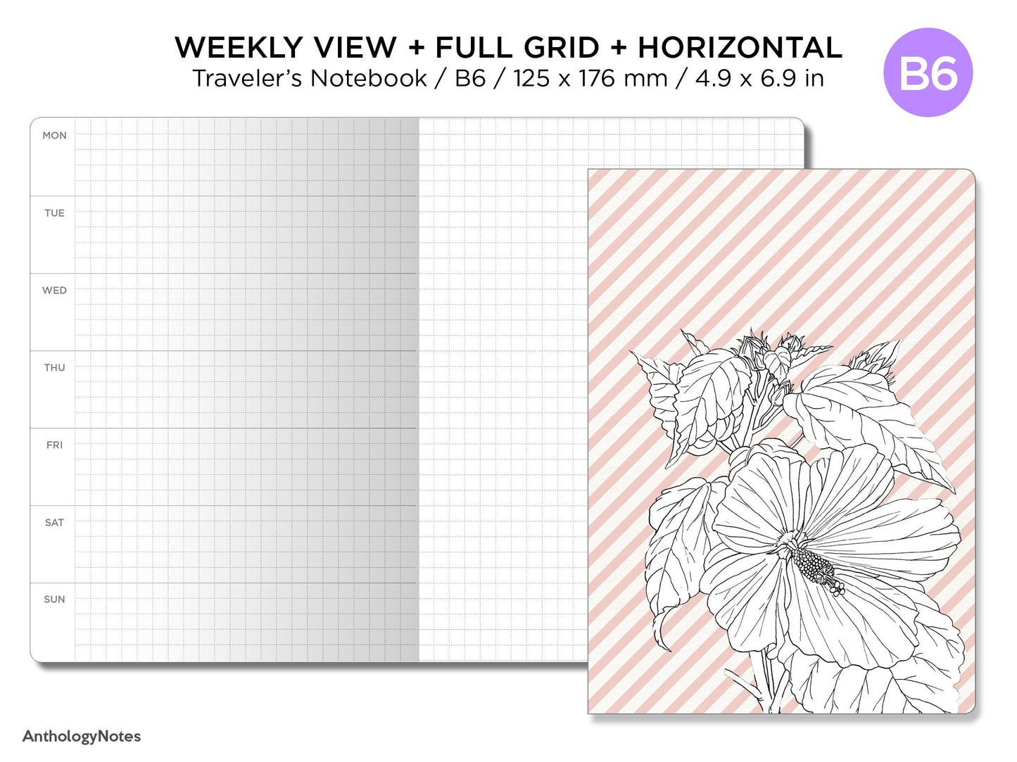 B6 Weekly View Horizontal Full GRID Traveler's Notebook Printable Planner UNDATED