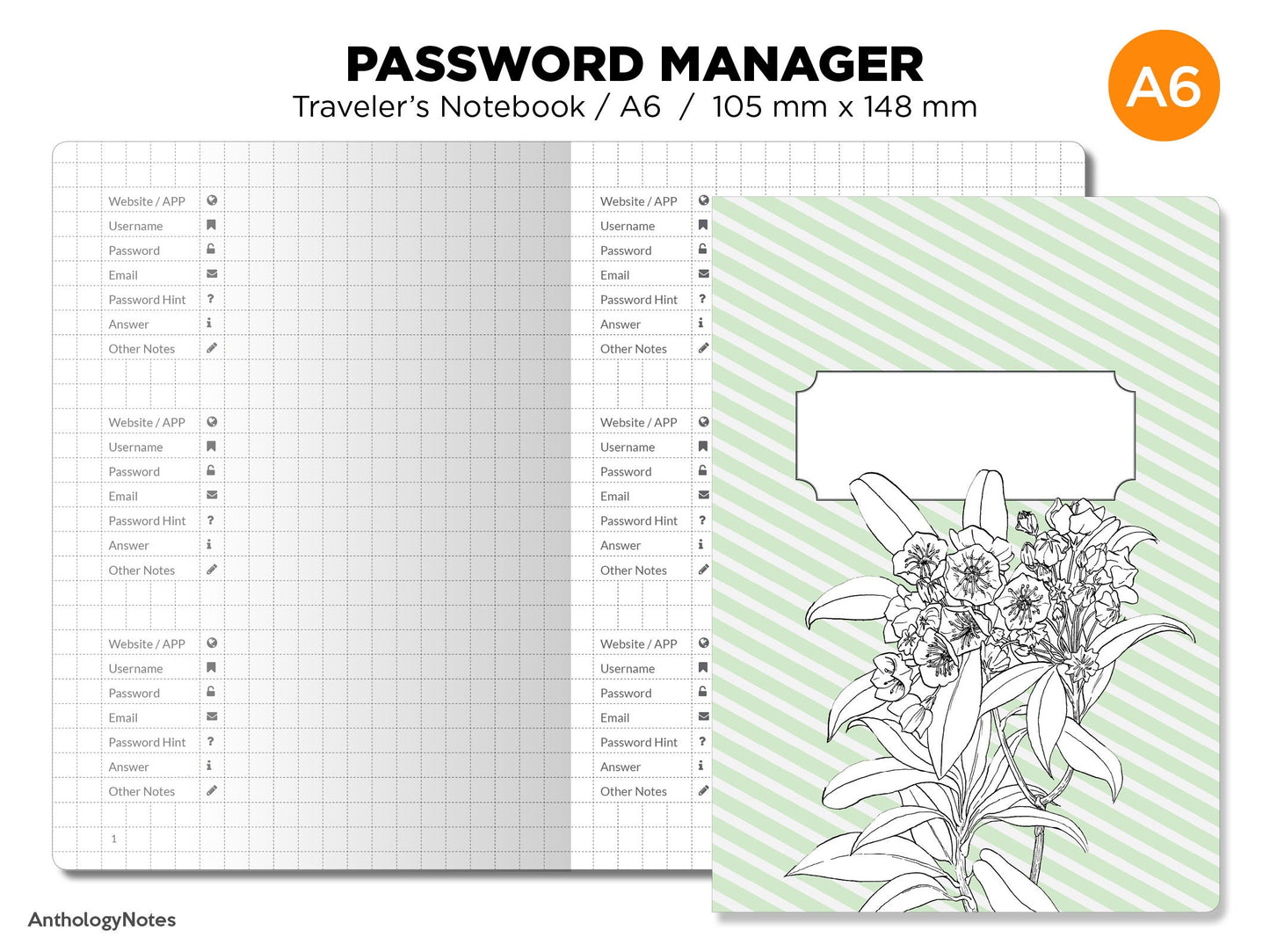 A6 PASSWORD Manager Traveler's Notebook Printable Insert GRID Functional Planning