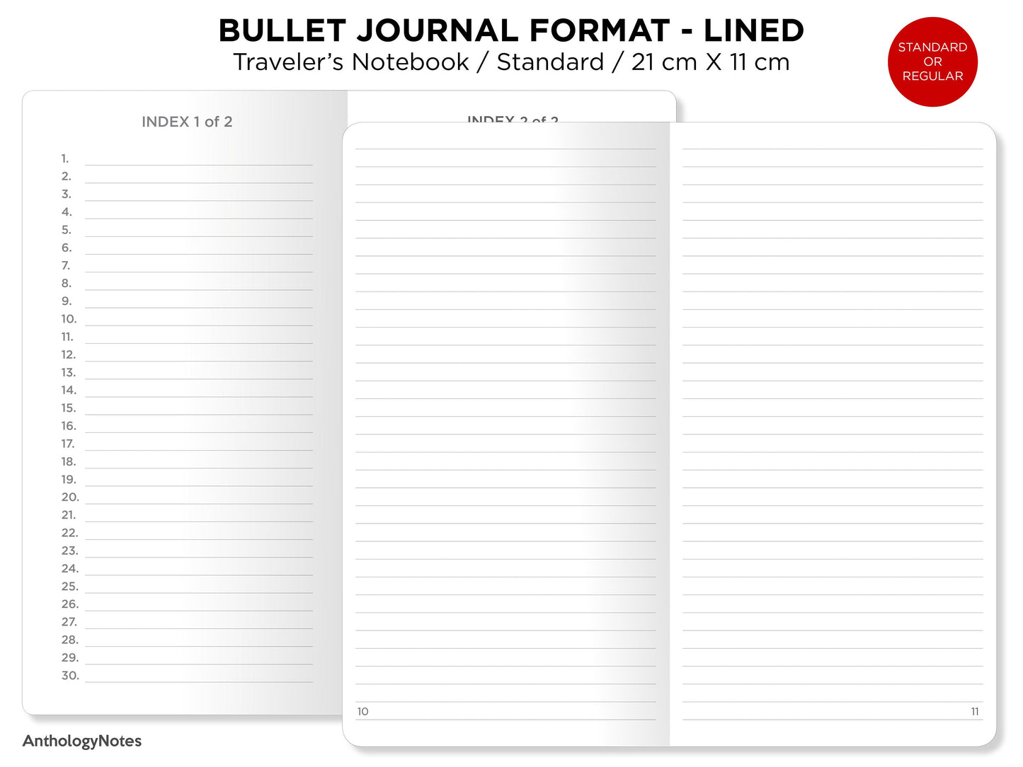 TN Standard Size BULLET SYSTEM Lined Ruled Traveler's Notebook Printable Insert