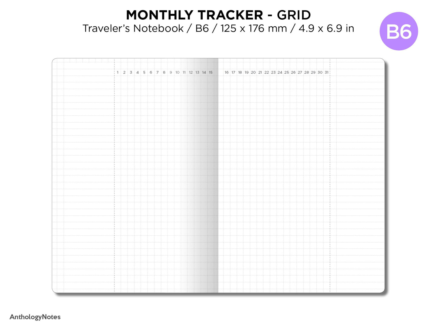 TN B6 Monthly Tracker Grid Printable Traveler's Notebook Insert, Minimalist, Clean - UNDATED