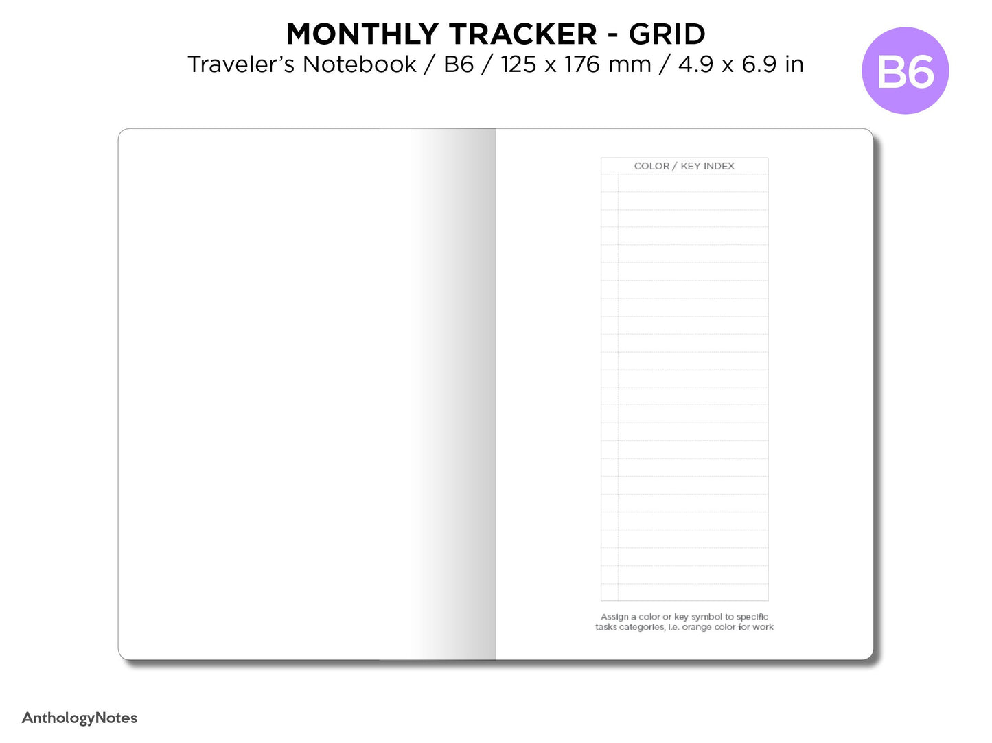 TN B6 Monthly Tracker Grid Printable Traveler's Notebook Insert, Minimalist, Clean - UNDATED