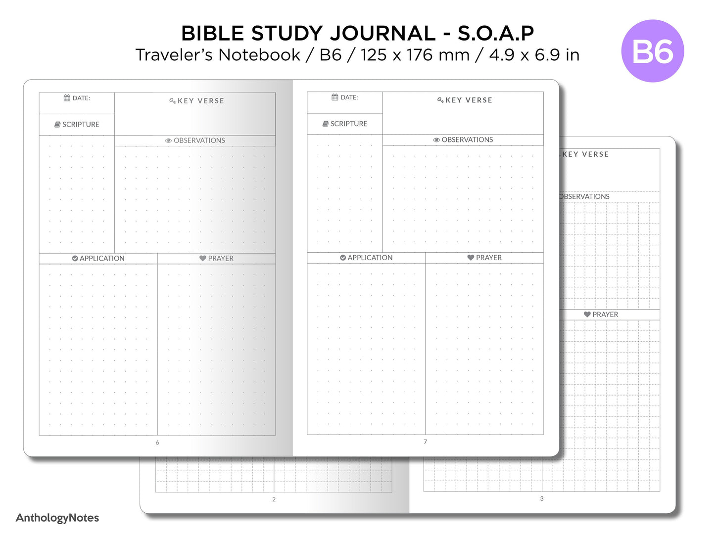 B6 Daily Study Bible Journal S.O.A.P Traveler's Notebook Insert GRID Minimalist Devotional Planner