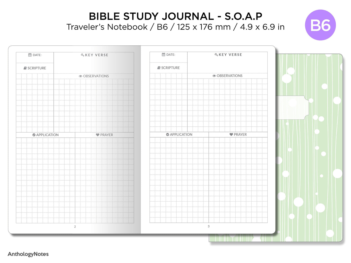 B6 Daily Study Bible Journal S.O.A.P Traveler's Notebook Insert GRID Minimalist Devotional Planner