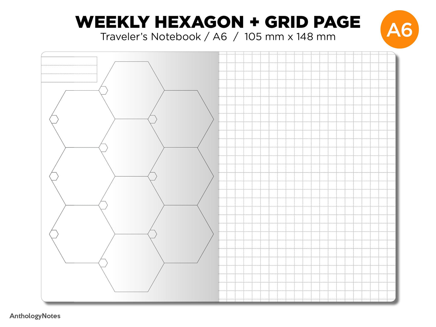 TN A6 HEXAGON Weekly Traveler's Notebook Printable Insert - GRID