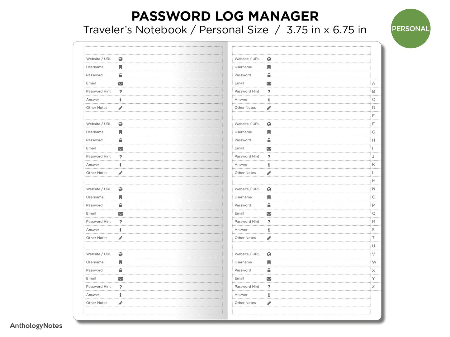 Password Log Manager  PERSONAL Size Traveler's Notebook Printable Insert Minimalist Grid