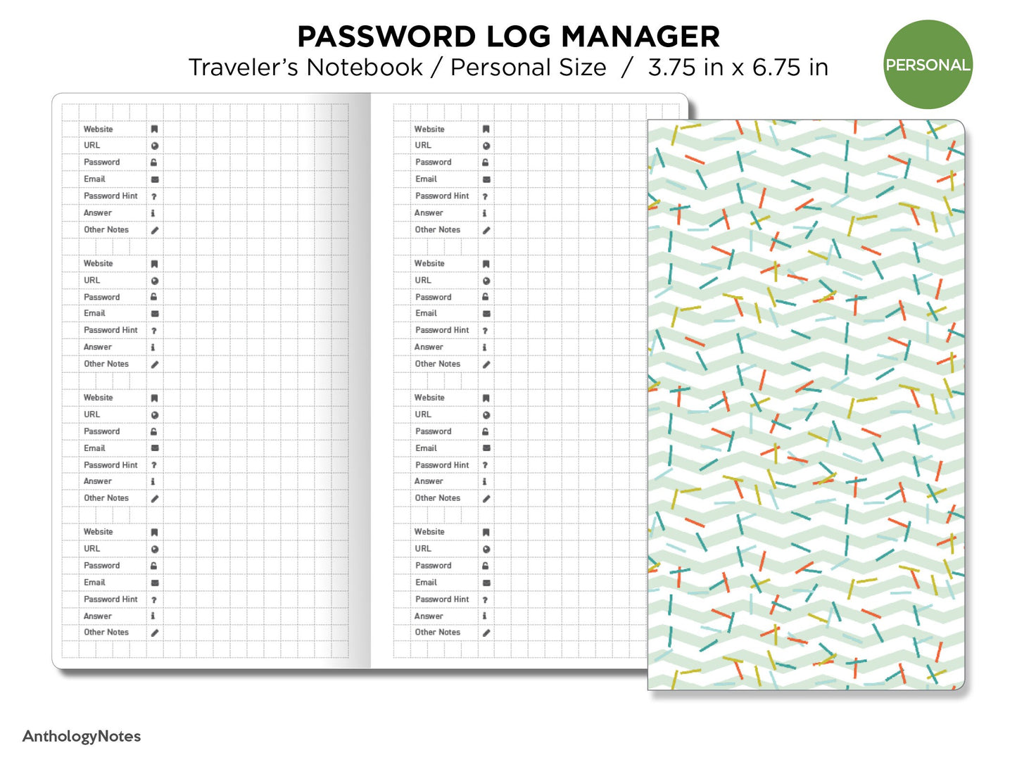 Password Log Manager  PERSONAL Size Traveler's Notebook Printable Insert Minimalist Grid