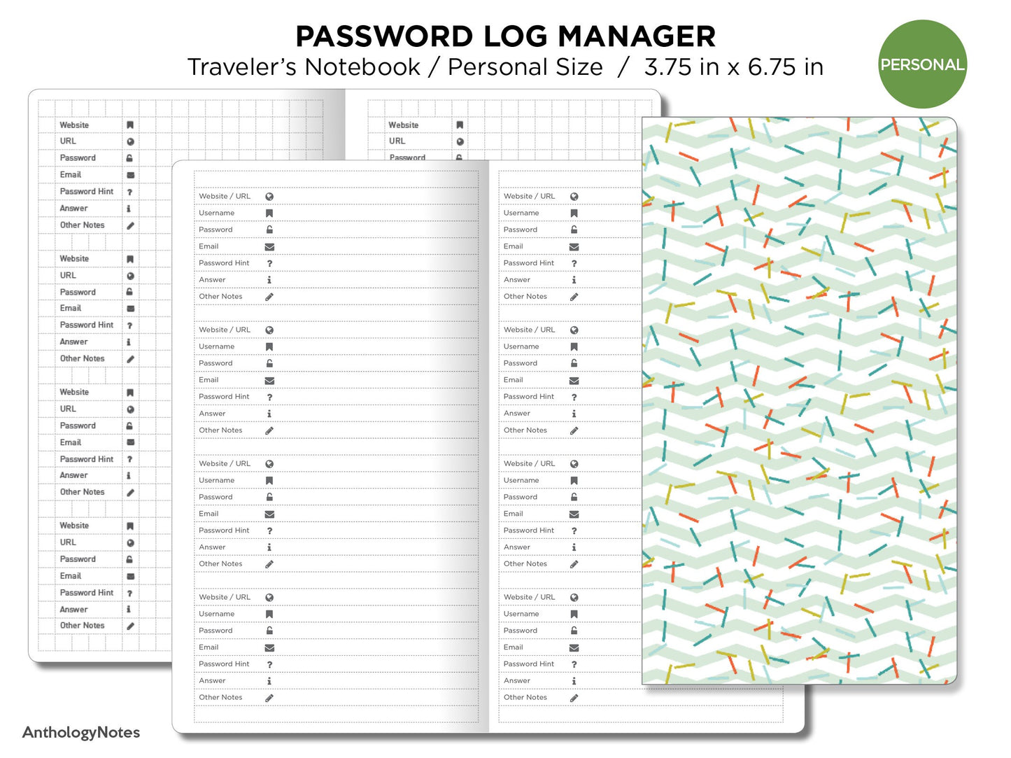 Password Log Manager  PERSONAL Size Traveler's Notebook Printable Insert Minimalist Grid