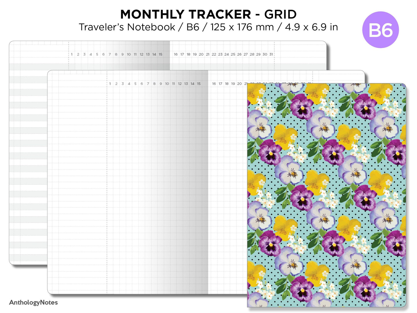 TN B6 Monthly Tracker Grid Printable Traveler's Notebook Insert, Minimalist, Clean - UNDATED