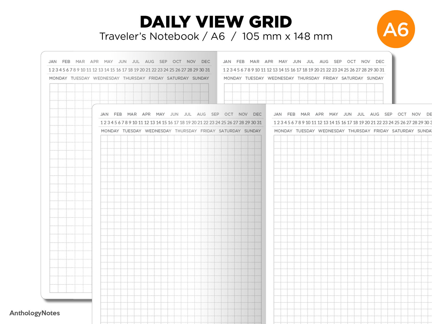 TN A6 Insert Do1P Grid, Daily View, Printable Planner Insert, Traveler's Notebook Minimalist