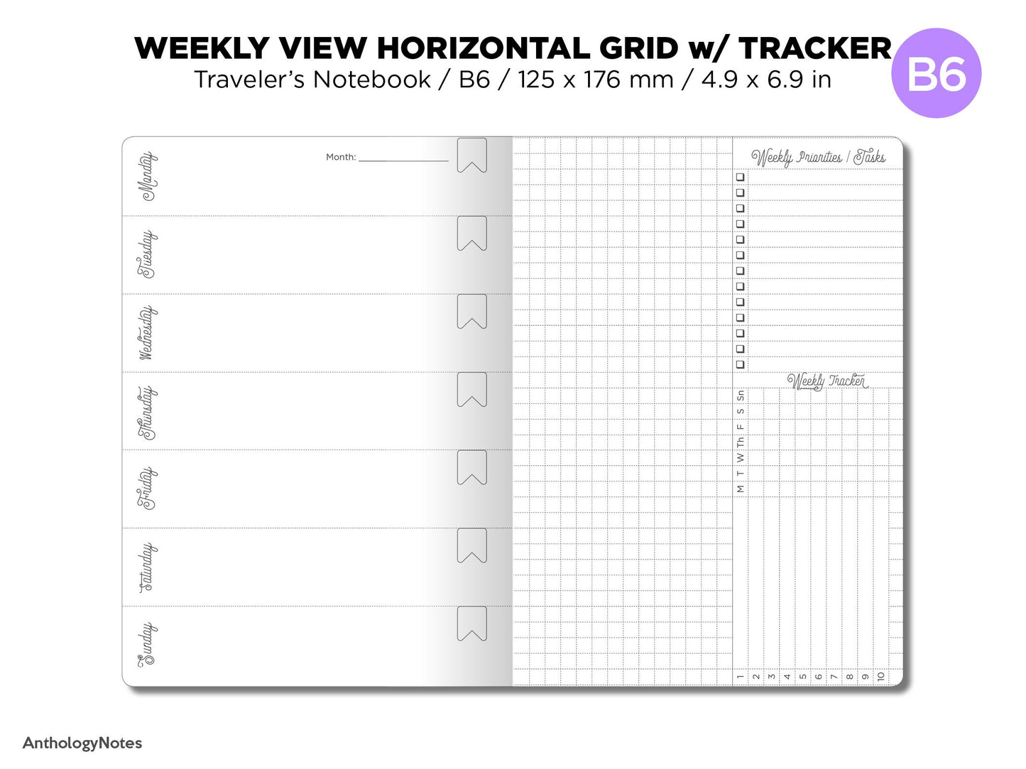 B6 WEEKLY Horizontal GRID Traveler's Notebook Printable Insert With TRACKER B6020