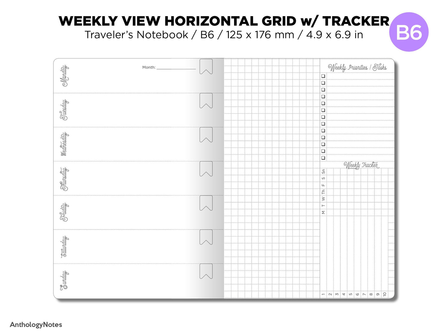 B6 WEEKLY Horizontal GRID Traveler's Notebook Printable Insert With TRACKER B6020