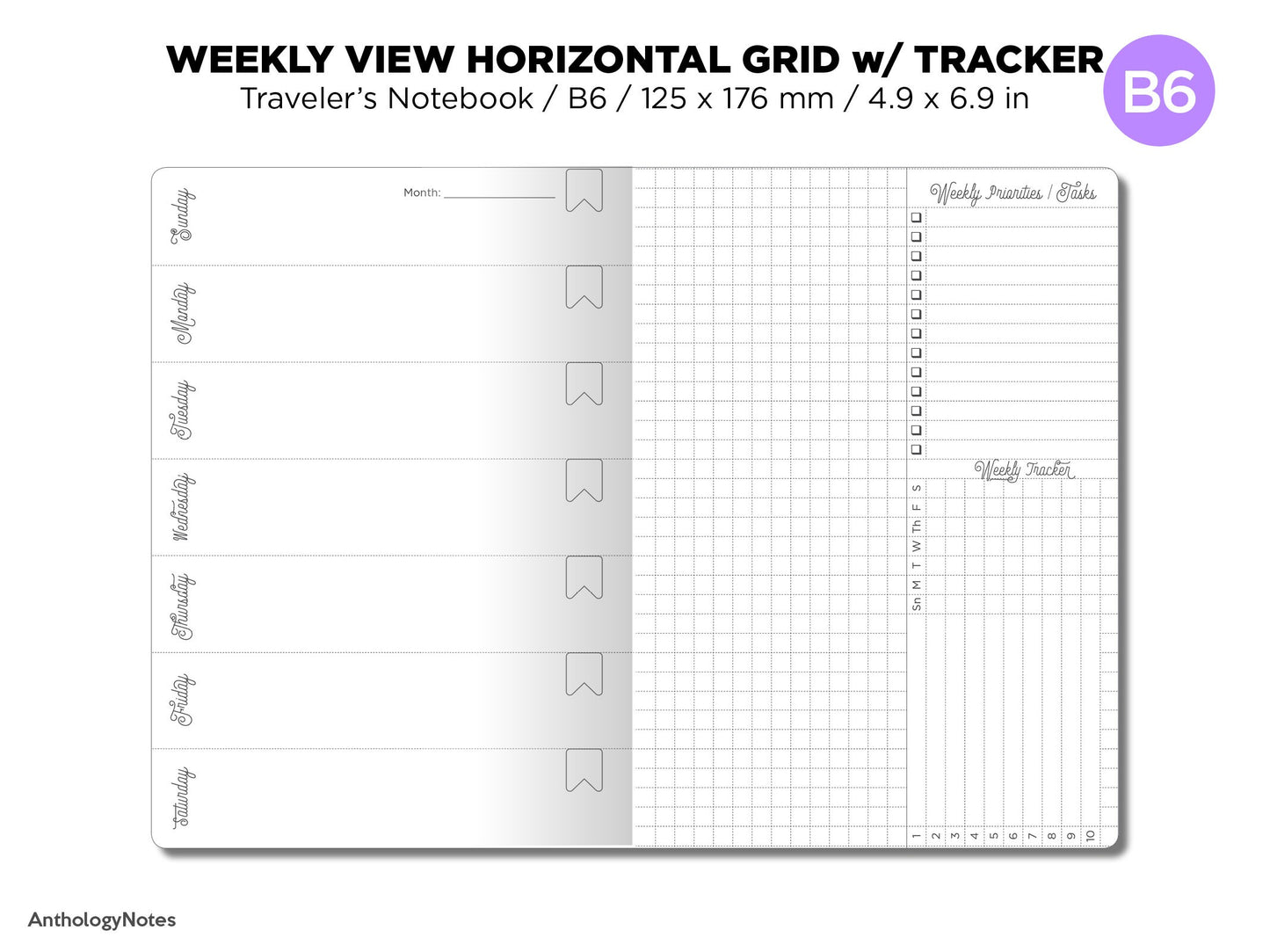 B6 WEEKLY Horizontal GRID Traveler's Notebook Printable Insert With TRACKER B6020