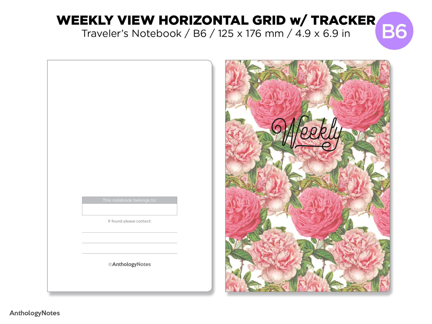 B6 WEEKLY Horizontal GRID Traveler's Notebook Printable Insert With TRACKER B6020