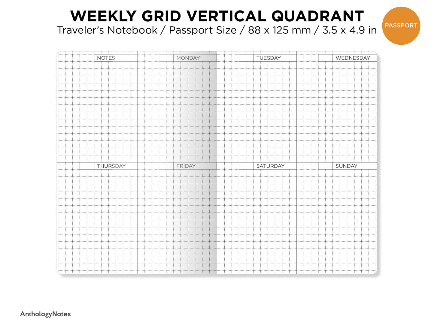 PASSPORT Weekly Grid Printable Insert Traveler's Notebook -  Wo2P Vertical - Undated