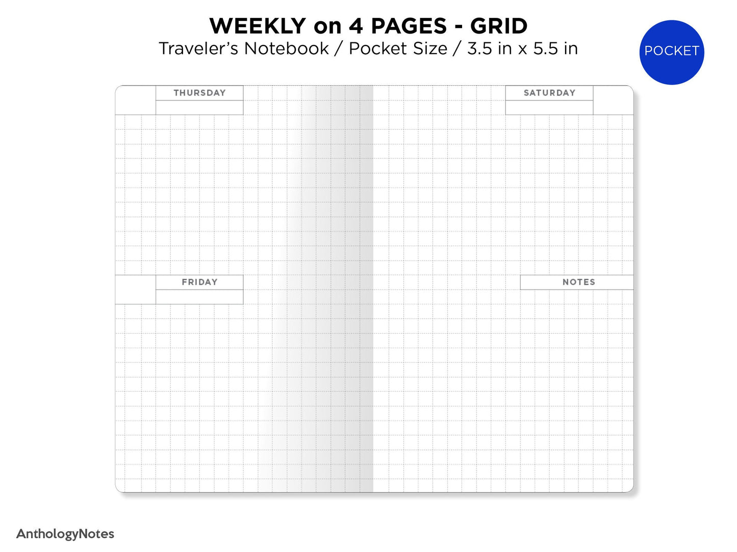 POCKET TN Weekly Planner Printable Insert Wo4P GRID Horizontal Week on 4 Pages Undated, Minimalist, Functional