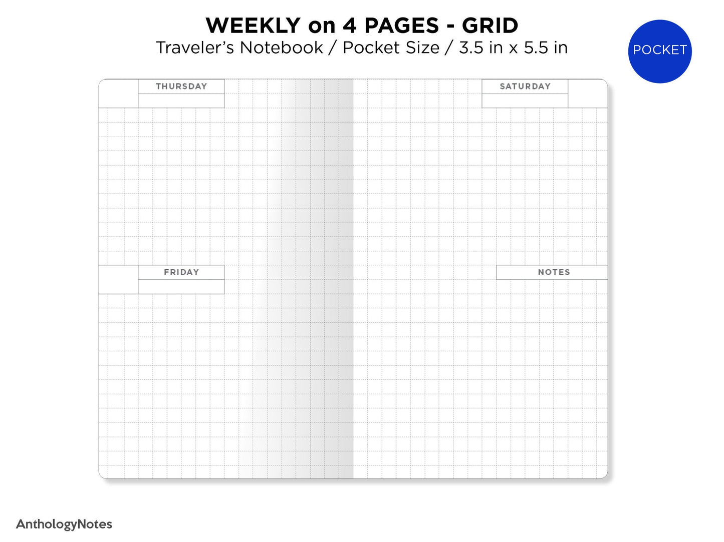 POCKET TN Weekly Planner Printable Insert Wo4P GRID Horizontal Week on 4 Pages Undated, Minimalist, Functional