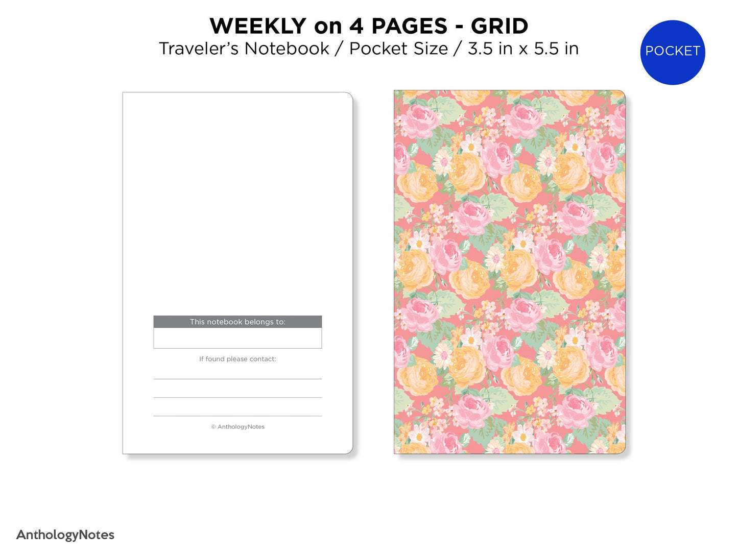 POCKET TN Weekly Planner Printable Insert Wo4P GRID Horizontal Week on 4 Pages Undated, Minimalist, Functional