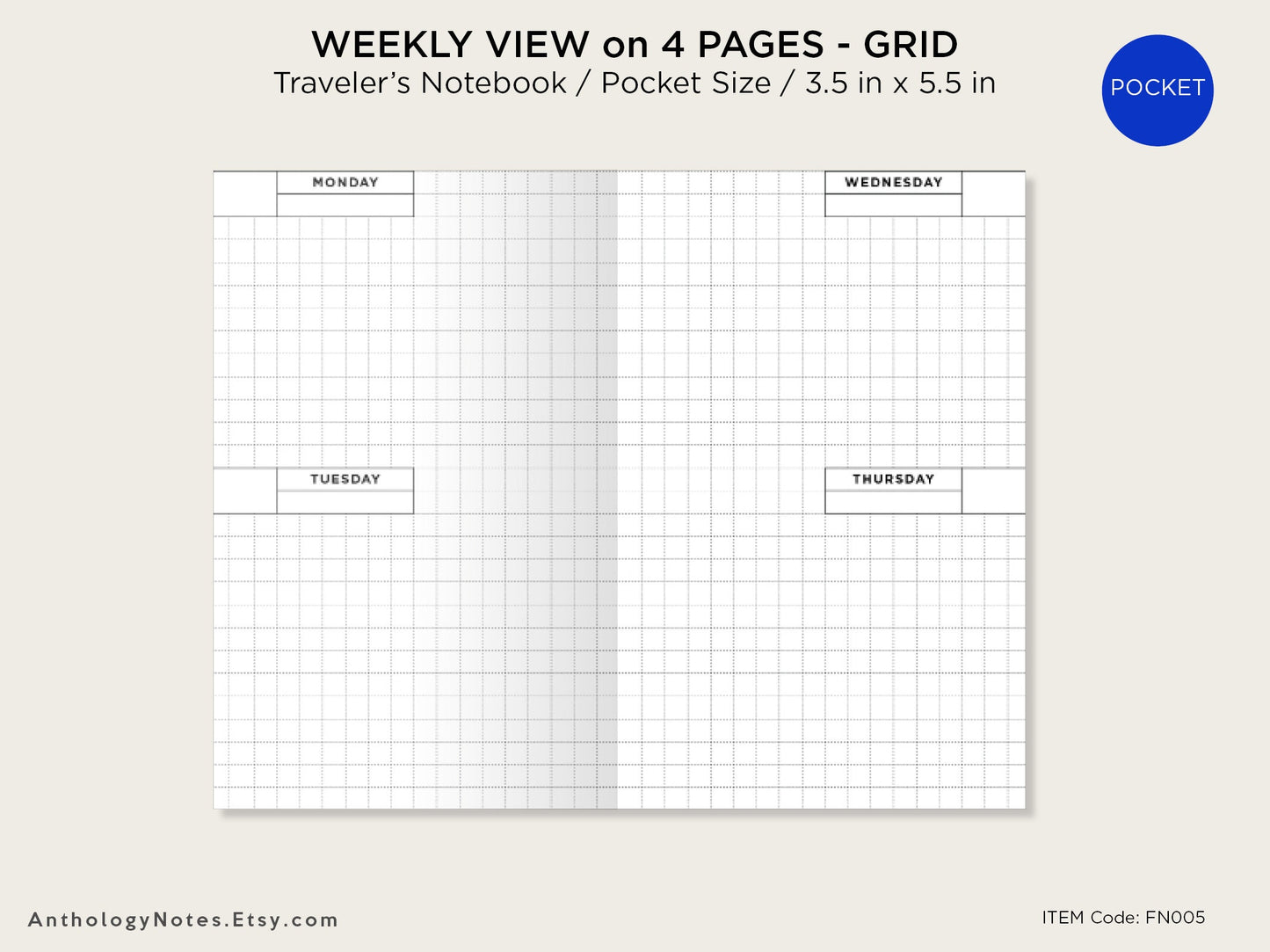 POCKET TN Weekly Planner Printable Insert Wo4P GRID Horizontal Week on 4 Pages Undated, Minimalist, Functional