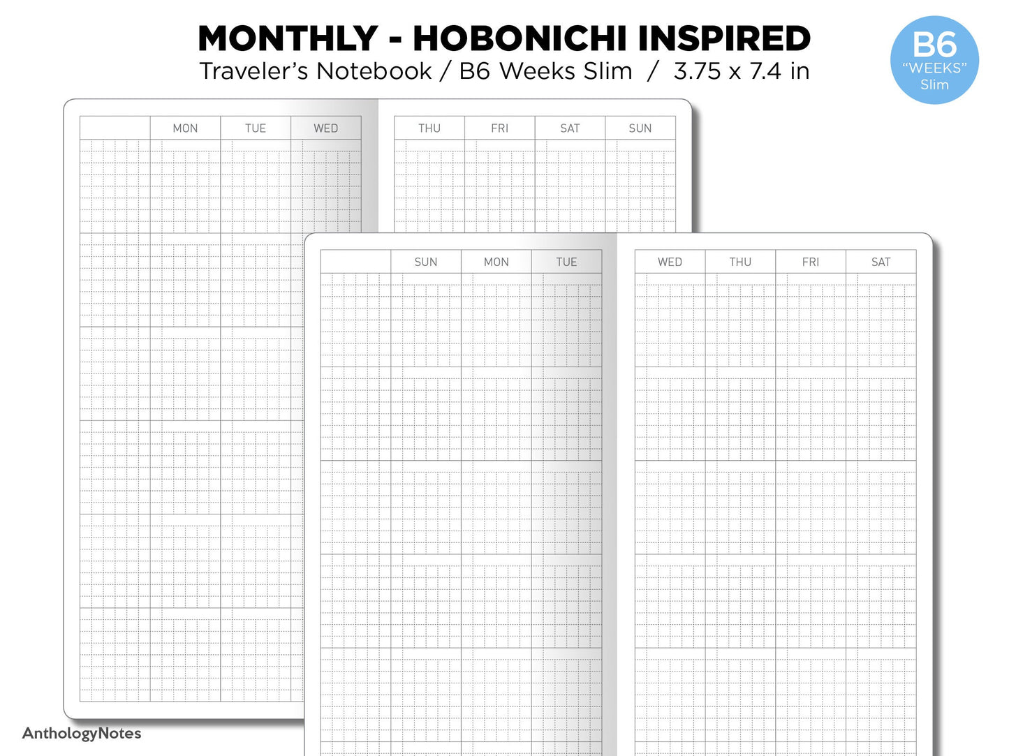 TN WEEKS Monthly Hobonichi Weeks Inspired Layout GRID Monday or Sunday Start Minimalist