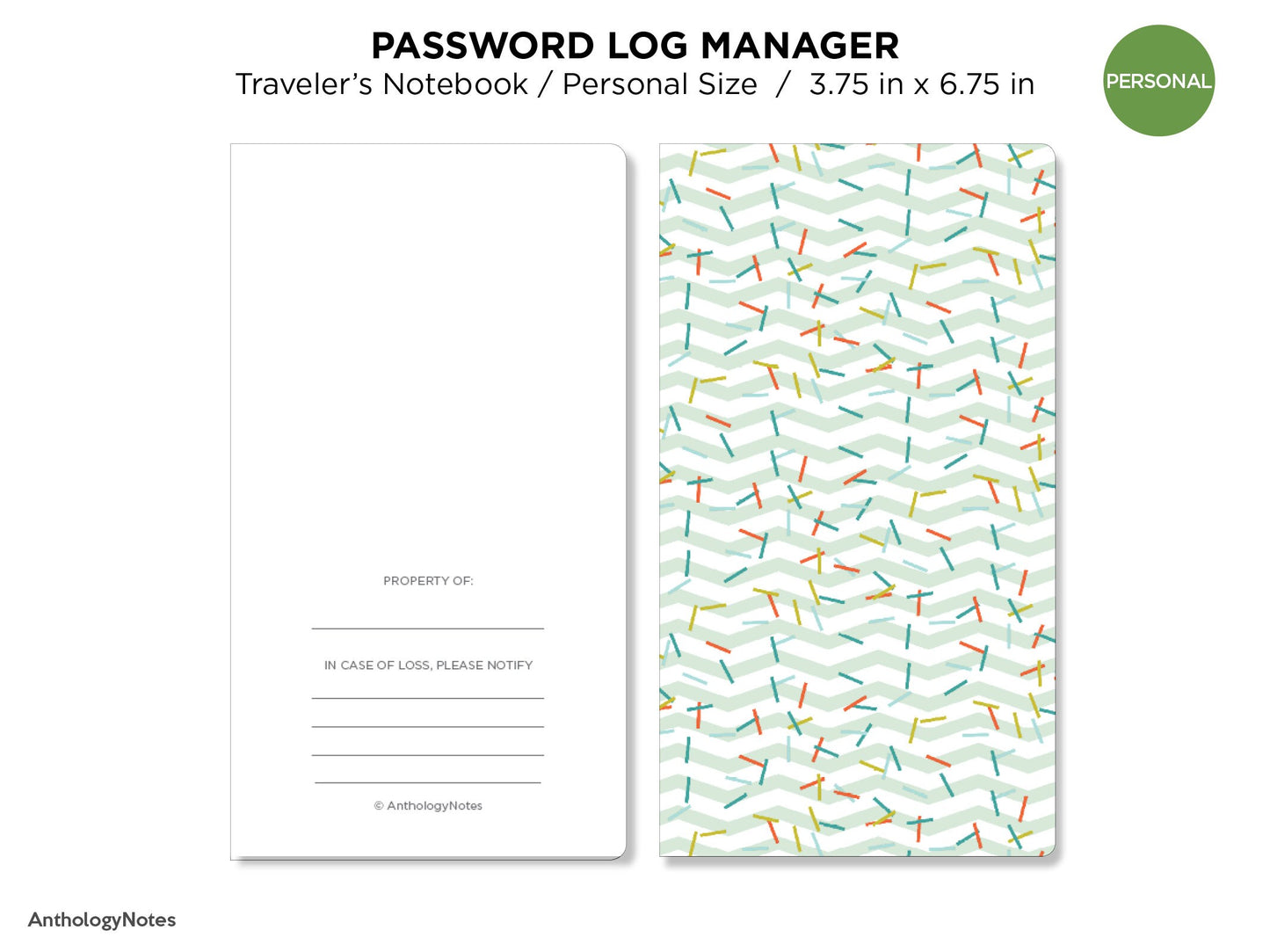 Password Log Manager  PERSONAL Size Traveler's Notebook Printable Insert Minimalist Grid