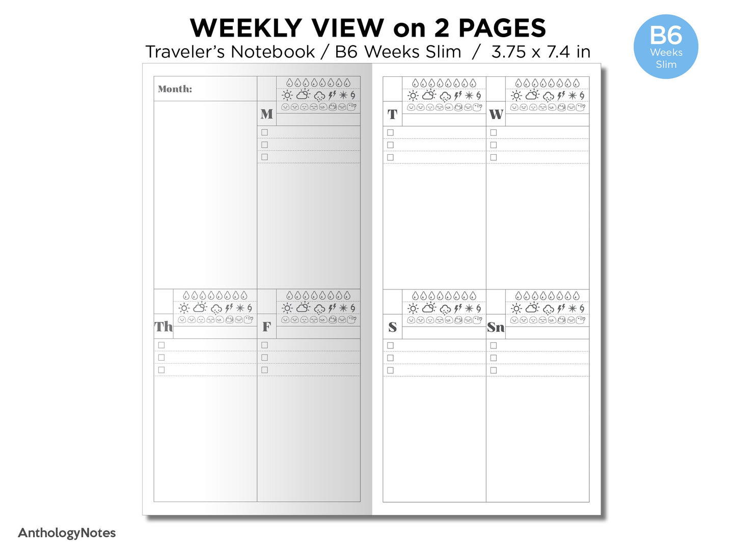 TN WEEKS Weekly View Wo2P Vertical - Printable Traveler's Notebook Insert - Hobonichi Weeks Size