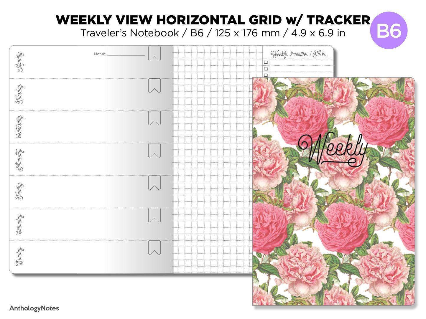 B6 WEEKLY Horizontal GRID Traveler's Notebook Printable Insert With TRACKER B6020