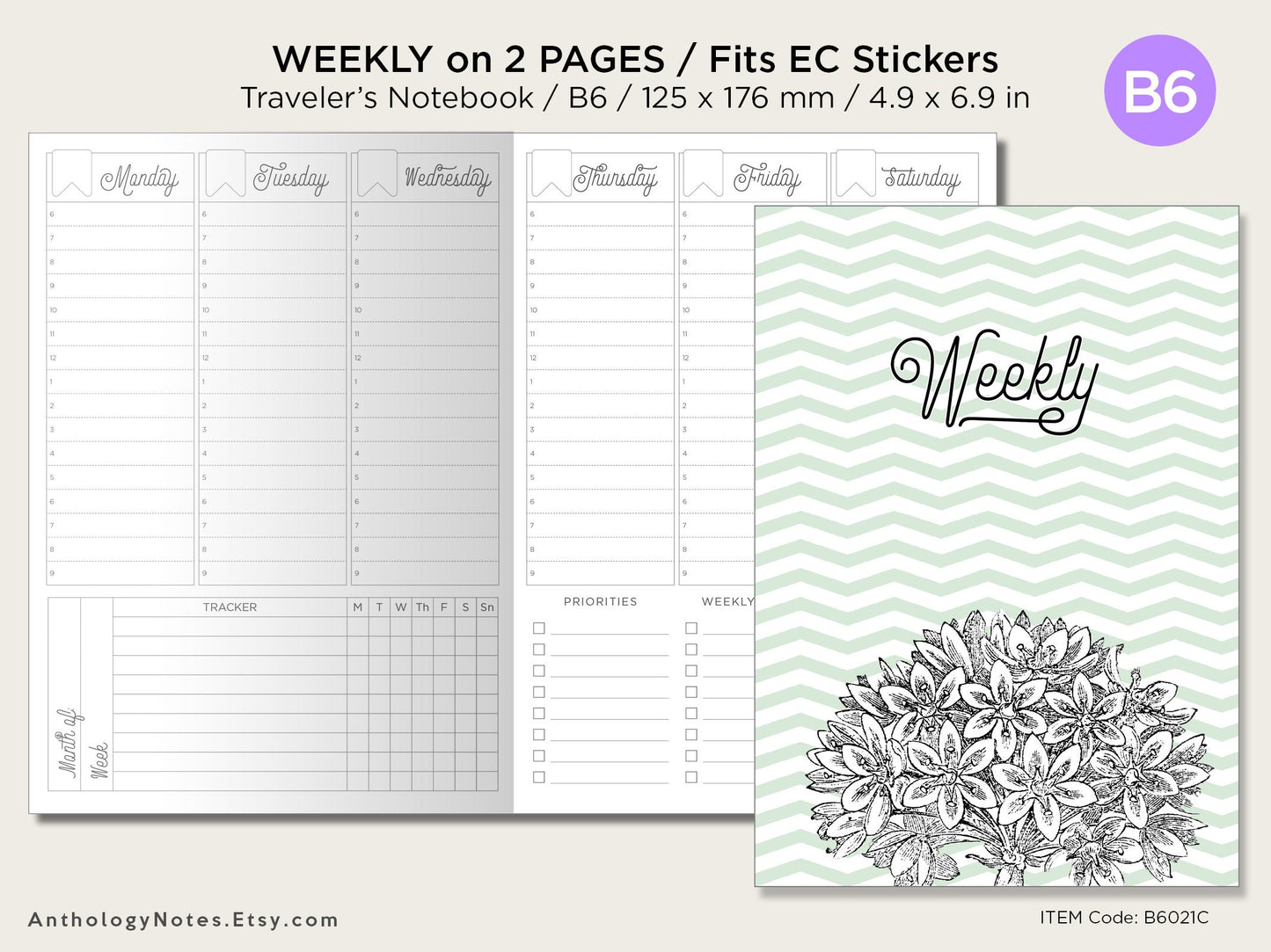 B6 Weekly Vertical Planner Lined Traveler's Notebook Printable Insert fits EC Stickers Wo2P With Weekly Tracker