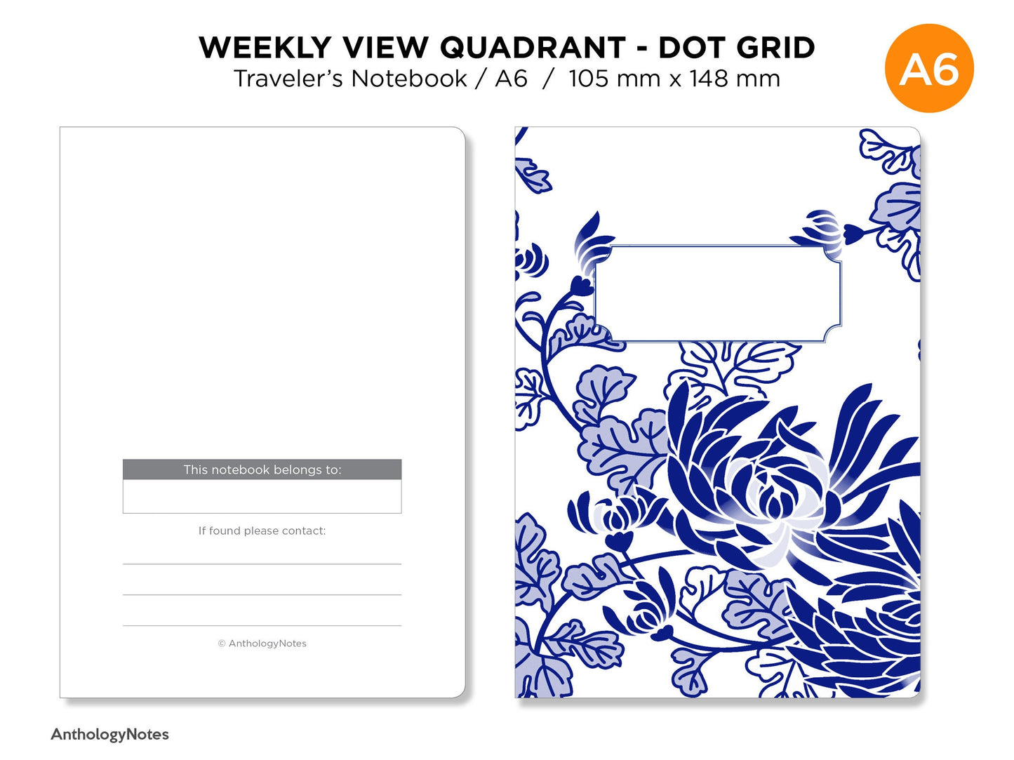 A6 WEEKLY View DOT GRID Traveler's Notebook Printable Insert Wo2P Functional Planning