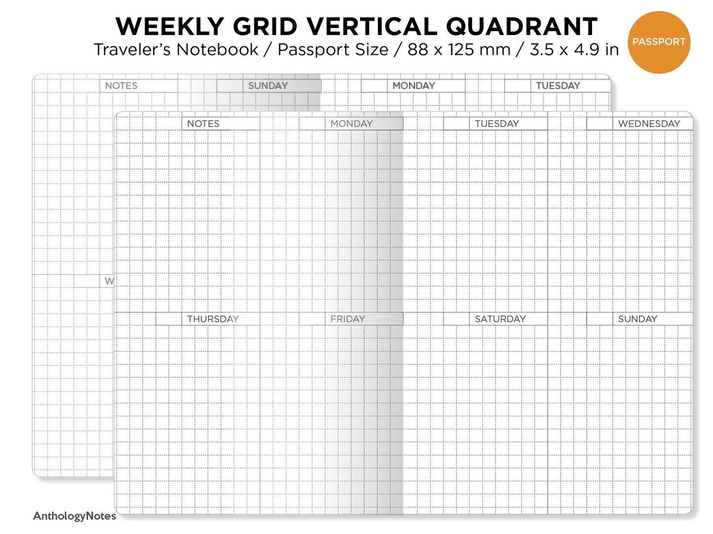 PASSPORT Weekly Grid Printable Insert Traveler's Notebook -  Wo2P Vertical - Undated